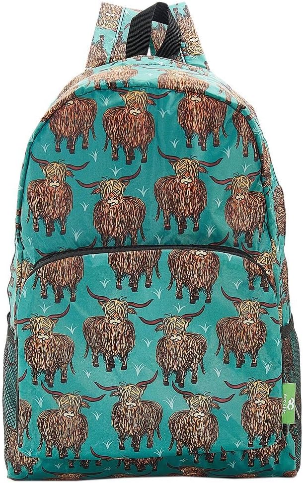 ECO CHIC Hiking Lightweight Packable Backpack - Foldable Daypack for Travel & Hiking & Outdoor Adventures - Waterproof Backpack from Recycled Materials (Highland Cow Teal)