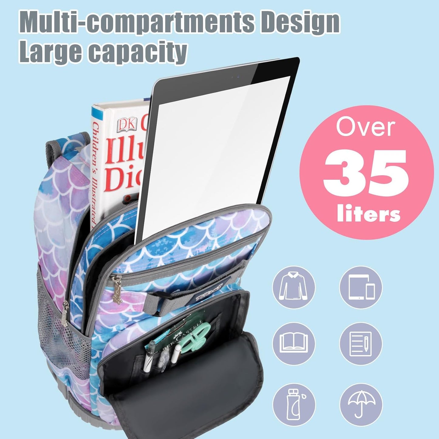 Rolling Backpack 19 inch Wheeled LAPTOP Boys Girls Travel School Student Trip… (Mermaid Tail)