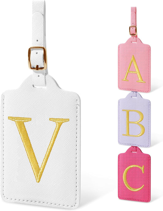 Unique Initial Letter Luggage Tags for Suitcases, Monogrammed Suitcase Luggage Identifier Tag,PU Leather TSA Approved Luggage Tags,Bag Tags for Men Women Kids Luggage Baggage(White V)