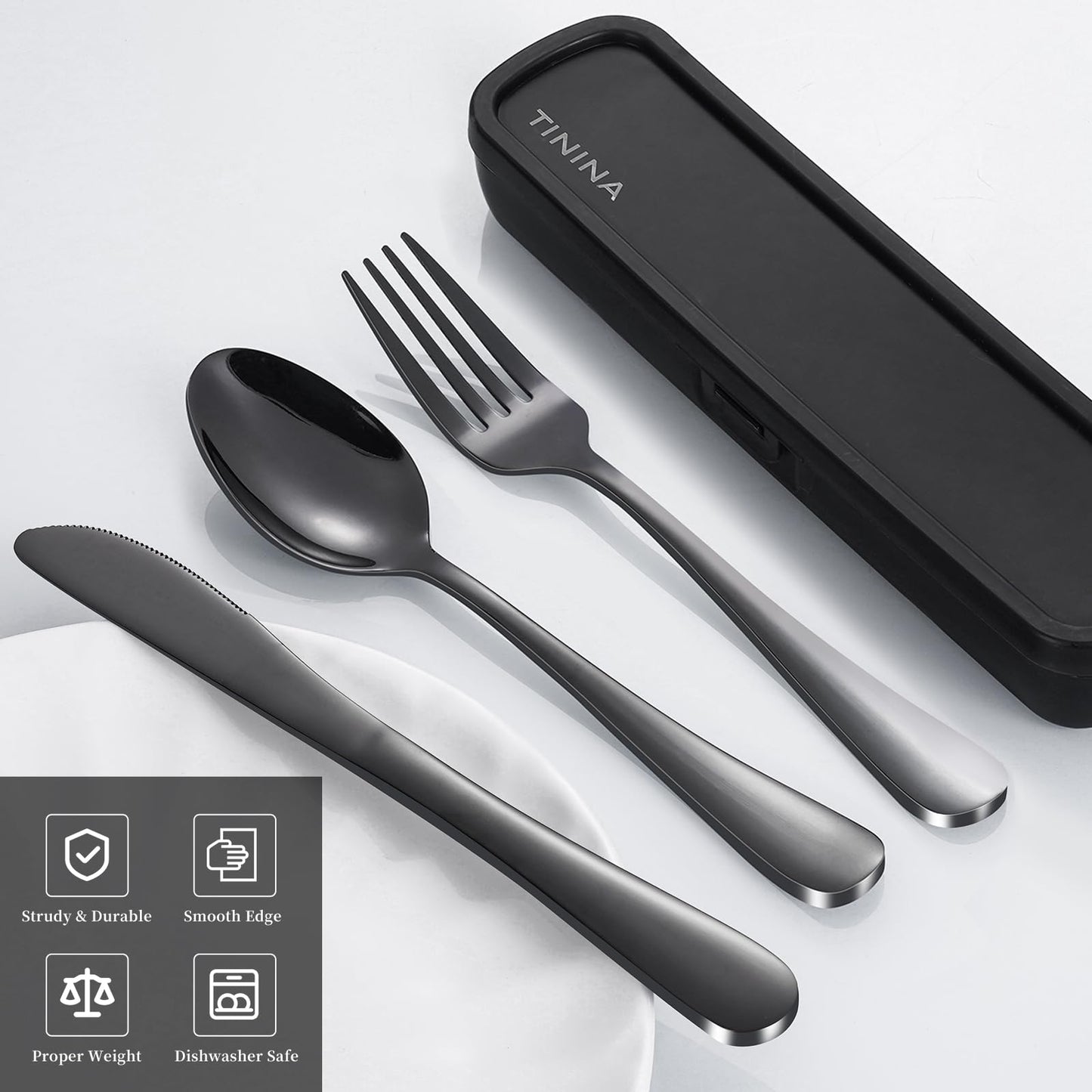 Travel Utensils with Case, 4-Piece Stainless Steel Portable Cutlery Set, Reinforced Case with