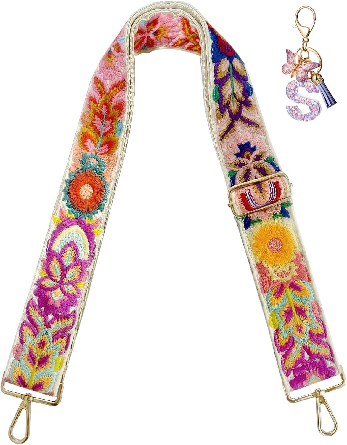Embroidery Flower Purse Strap Replacement Crossbody 2 Inch Wide with Letter S Keychain for Women's Handbags