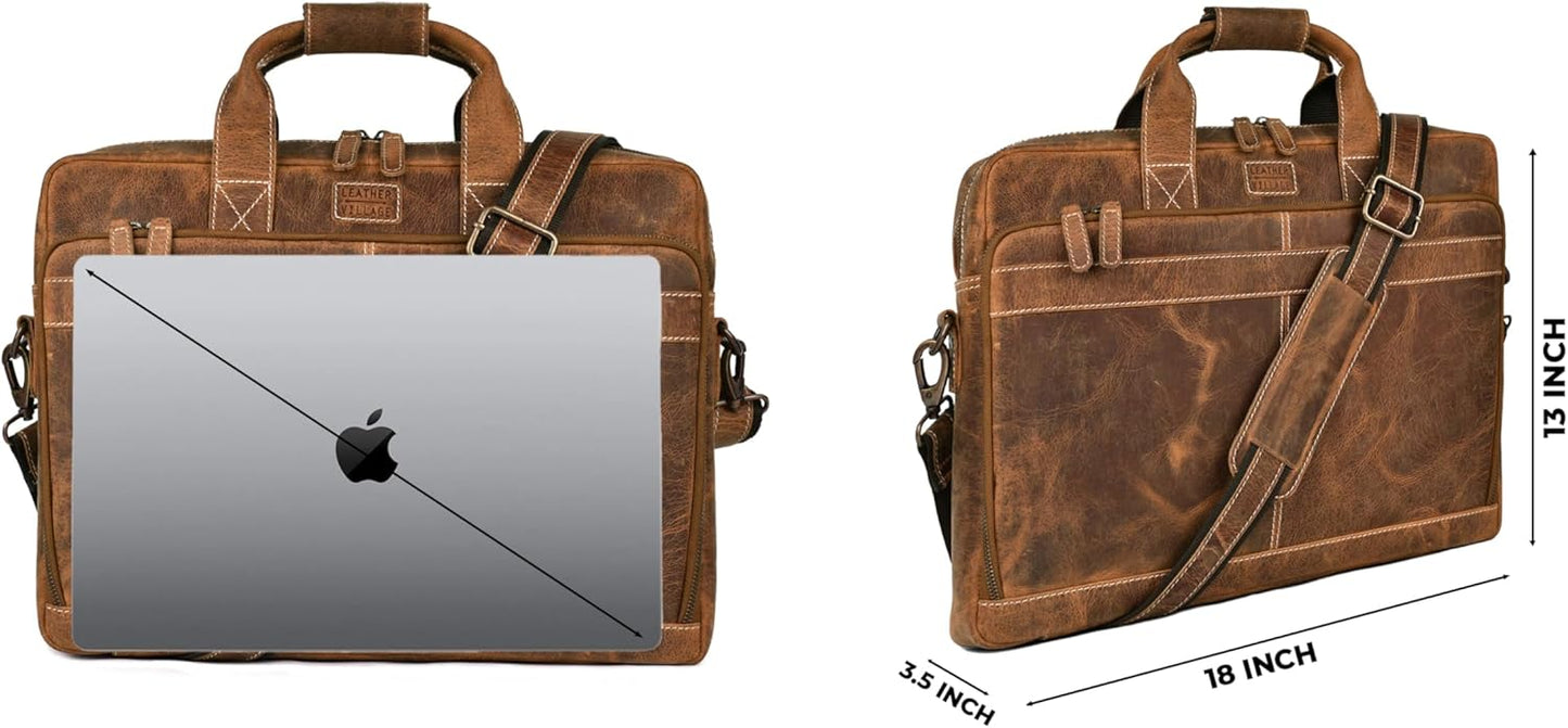 LEATHER VILLAGE 18" Leather Laptop Messenger Briefcase Bag for Men-Leather Satchel for Travel and Office Shoulder Bag- Sun Tan Brown