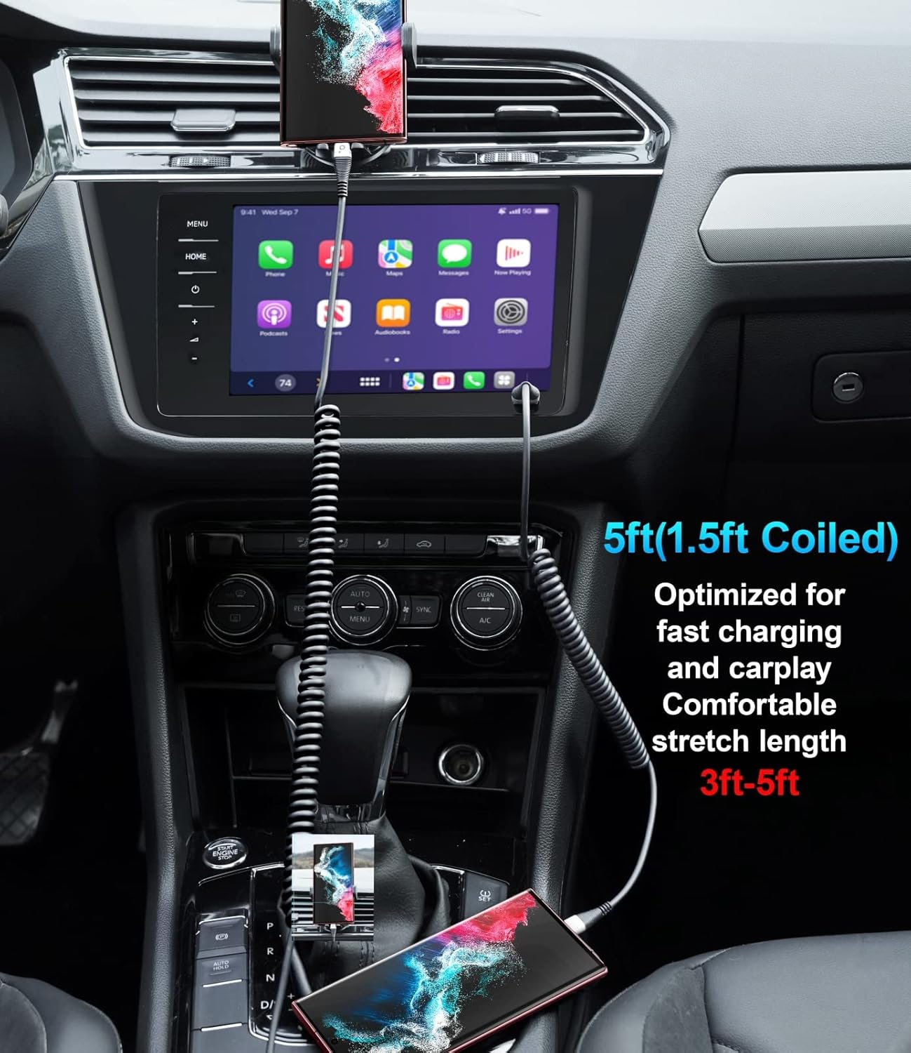USB Type C Cable Fast Charging, 2Pack 5ft Coiled USB A to USB C Charge Cable for Car Android Auto Charging Cord Compatible with iPhone 17/16/15/Plus/Pro/Samsung Galaxy S20 S10 and More USB C Devices