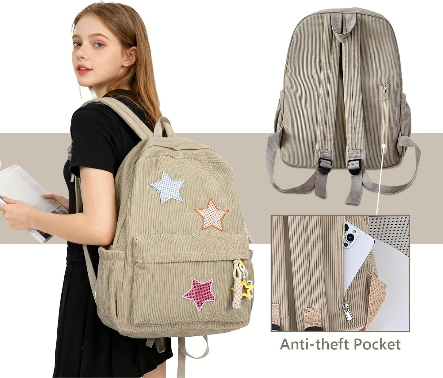 Corduroy Backpack with Star Pattern, Trendy and Versatile, Fits 14'' Laptop Large Capacity Daily Commute (Khaki)