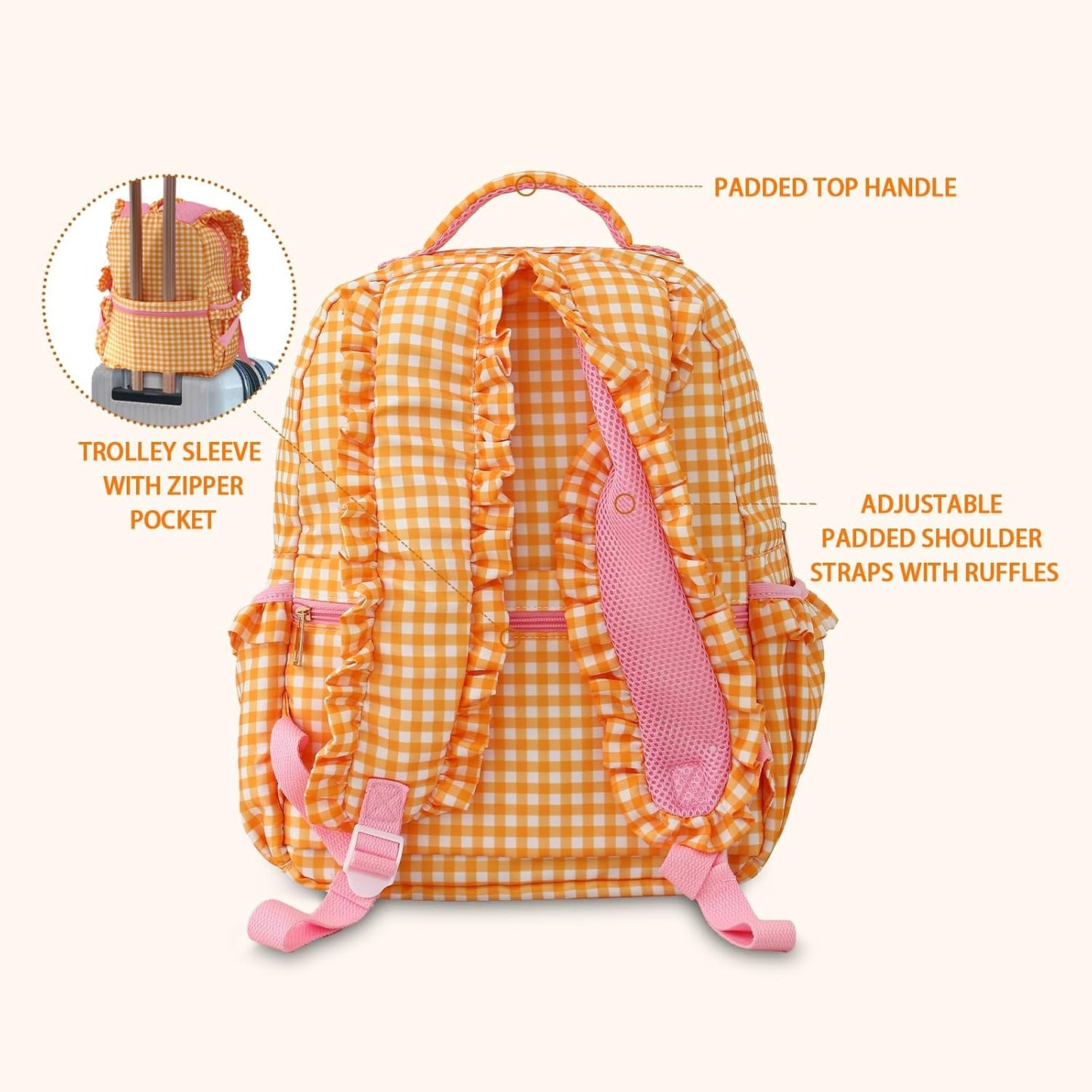 DYSHAYEN Kids Backpack for Girls, 15" Ruffled Backpack for School Kindergarten Bookbag 5-8, Fully Opened Compartment (Orange Gingham)