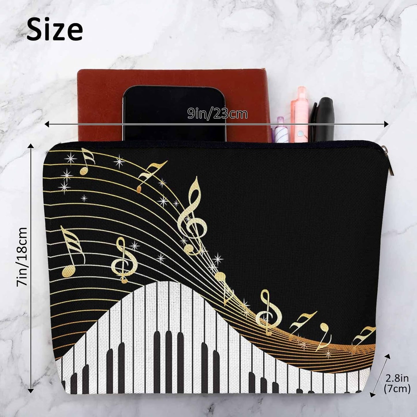 Women Makeup Organizer Bag Piano Music Notes Instrument Piano Flax Cosmetic Bag Makeup Bags Toiletry Bag Accessories Organizer Travel Bags For Home Bathroom Office Hotel Gym Black Golden