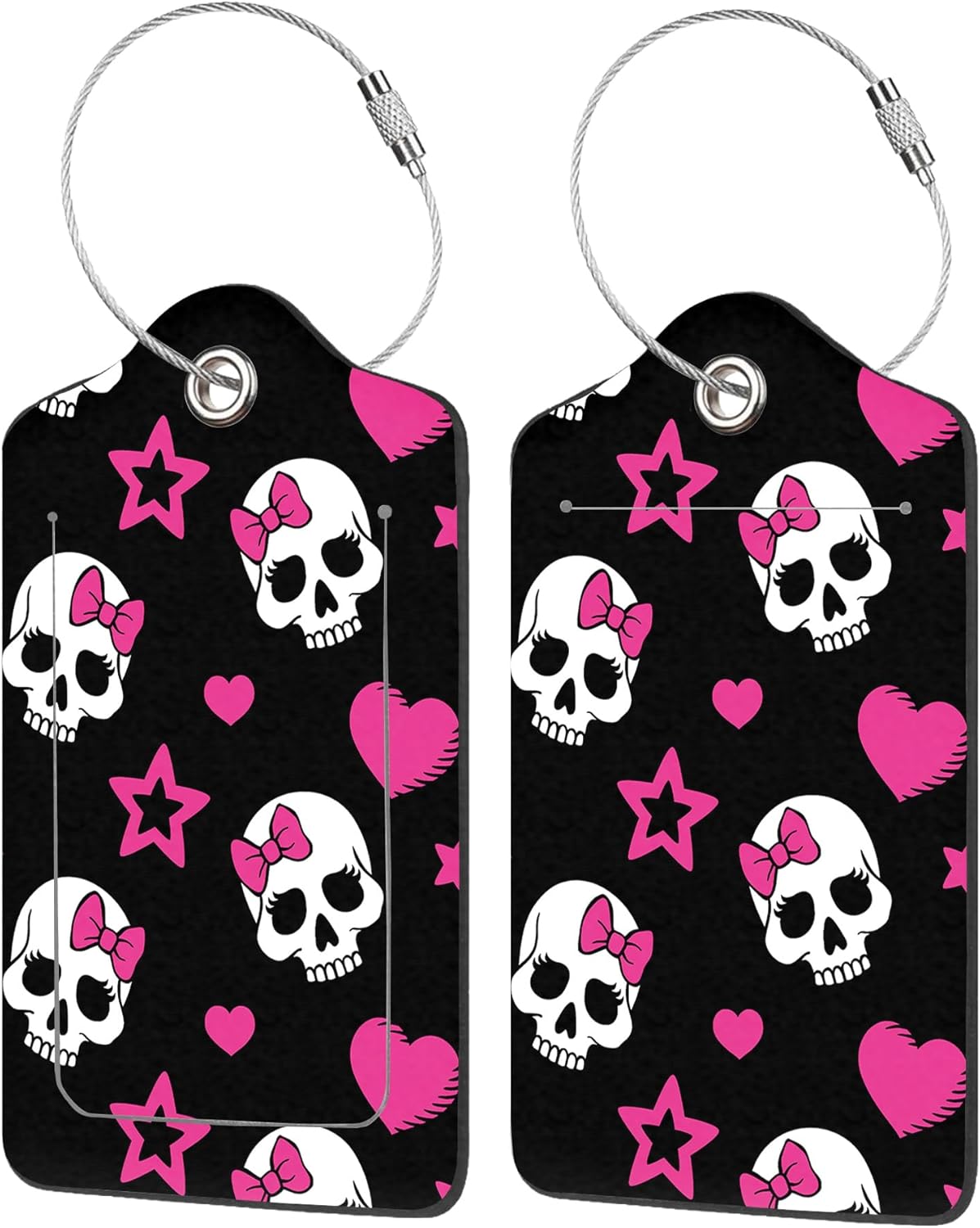 2 Pack Luggage Tags for Suitcases,Hearts and Skulls Luggage Tag,PU Leather Id Label Luggage Tags with Stainless Steel Loop and Privacy Cover for Women Men Teens Travel