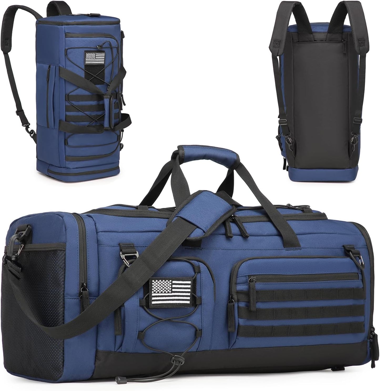 Gym Bag for Men and Women, 50L Extra Large Duffle Bag, 3-in-1 Travel Sports Duffel Bags with Shoe & Laptop Compartment for Overnight Weekender Gym Traveling Workout Deployment, Black+ Blue