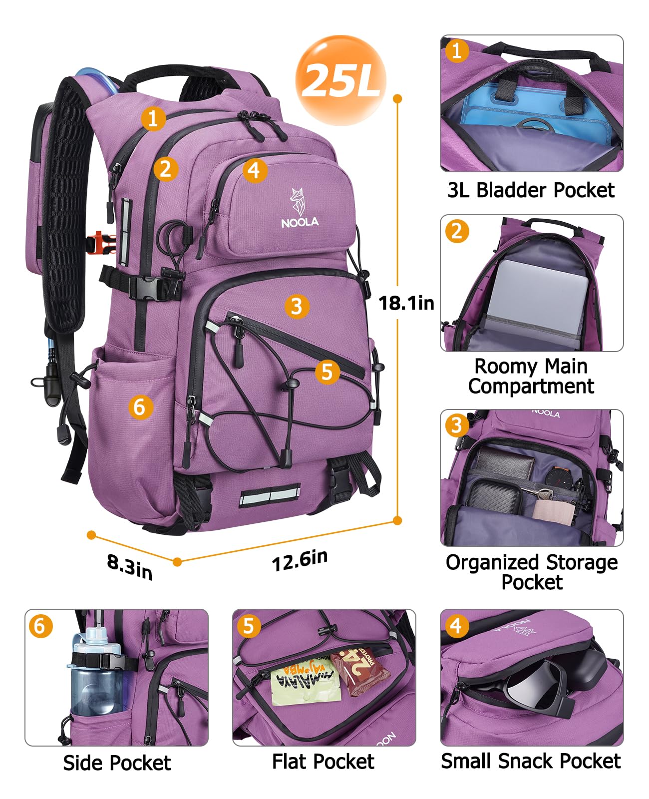 NOOLA Hydration Hiking Backpack with 3L Water Bladder - 25L Water Backpack for Cycling, Running
