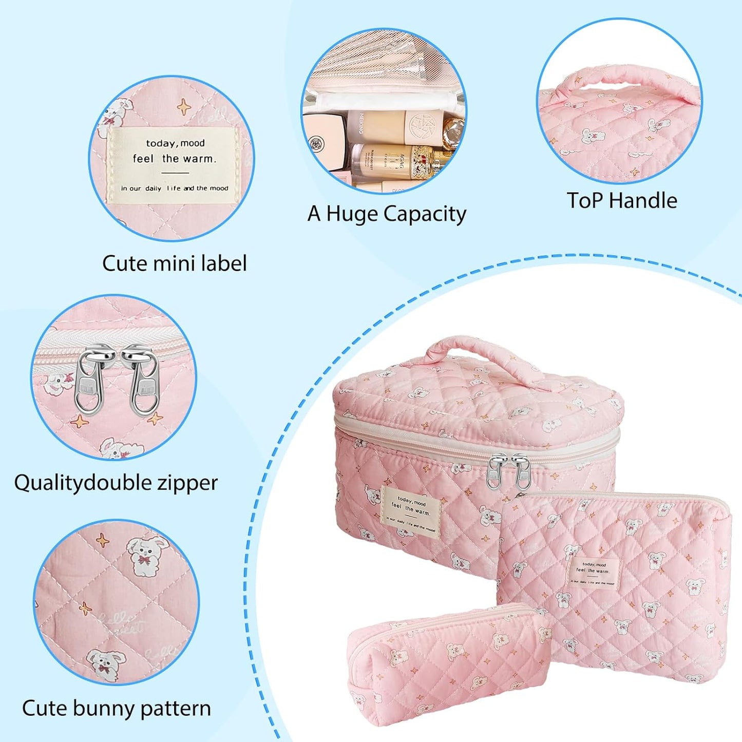Quilted Makeup Bag, Large Capacity Travel Cosmetic Bag for Women and Girls, Aesthetic Storage for Daily and Travel Use (3pcs-RabbitAnimalPrint)