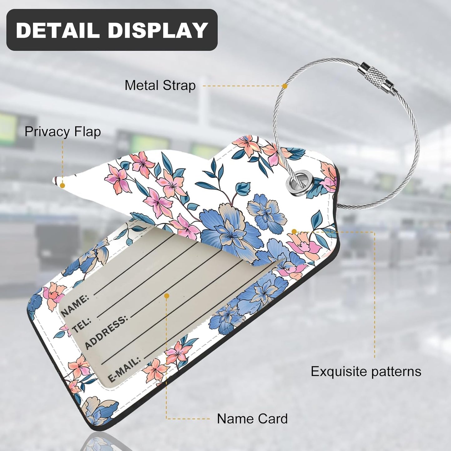 2Pack Luggage Tags for Suitcases, Cute Unique Pu Leather Cruise Luggage Tag with Privacy Cover ID Label Address Card and Metal Ring Suitable for Women Men Kids Travel Bag Blue Pink Flowers