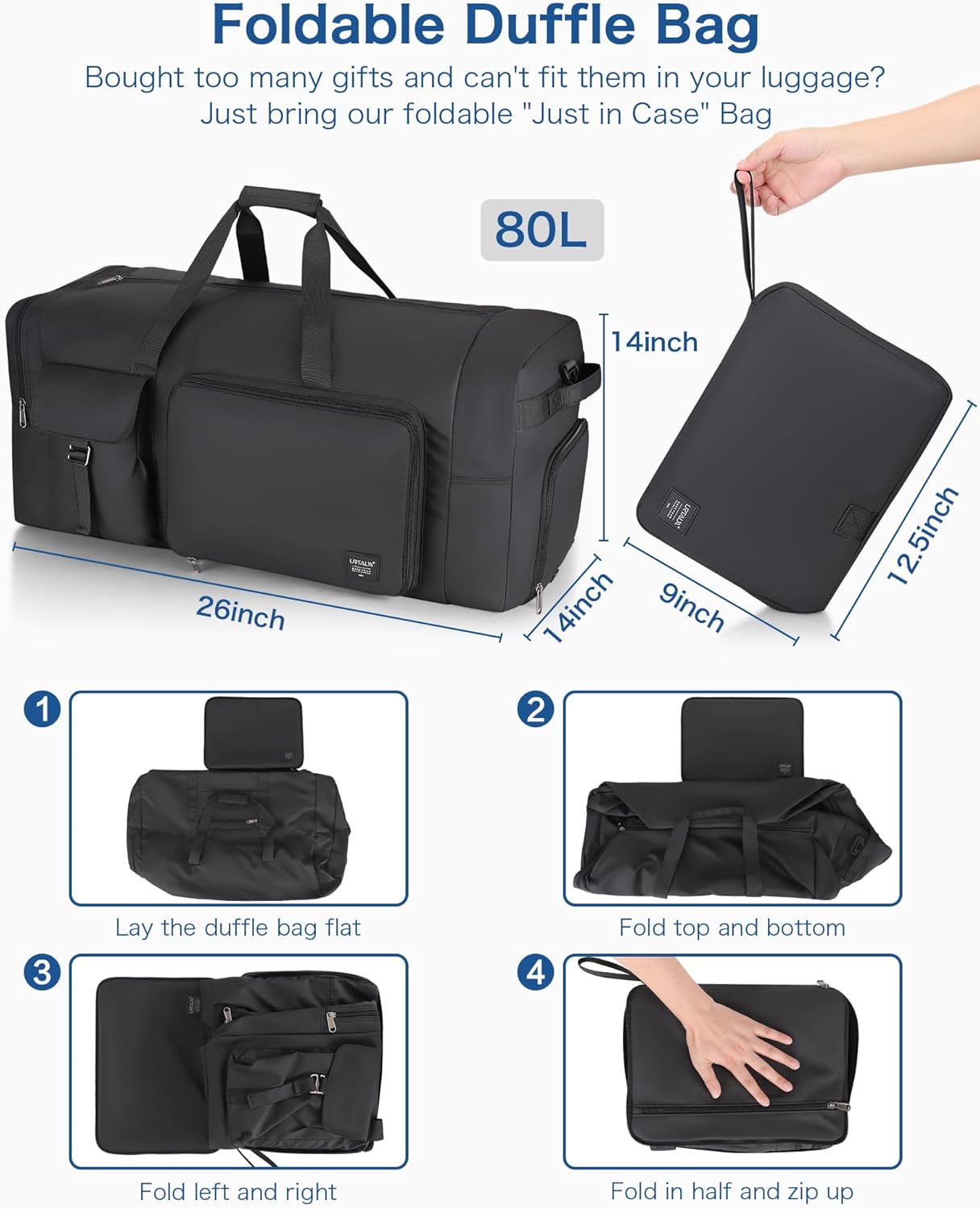 80L Large Duffle Bag for Travel, Urtala 26” Travel Duffle Bag for Men and Women, Foldable Traveling Duffel Bags with Shoes Compartment, Waterproof and Tear Resistant