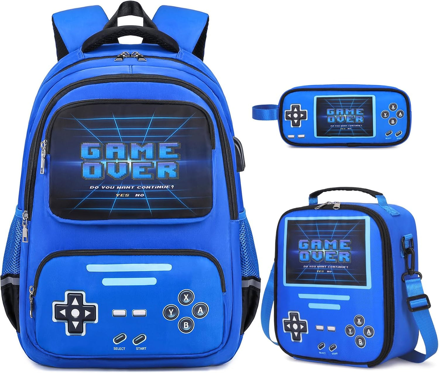 Gamer Backpack for Boys - Cool Luminous School Backpack with Lunch Bag Pencil Case - Kids Boys Backpack Elementary Middle School Book Bags for Teen with USB Charging Port (Blue