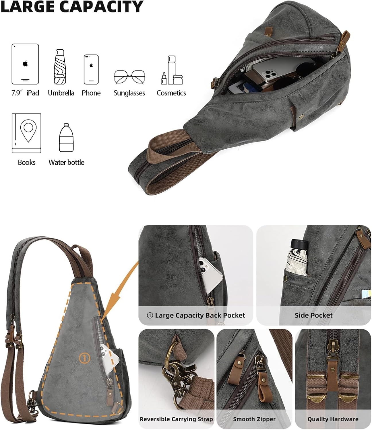 KL928 PU Leather Sling Bag - Small Crossbody Backpack Shoulder Casual Daypack Rucksack for Men Women