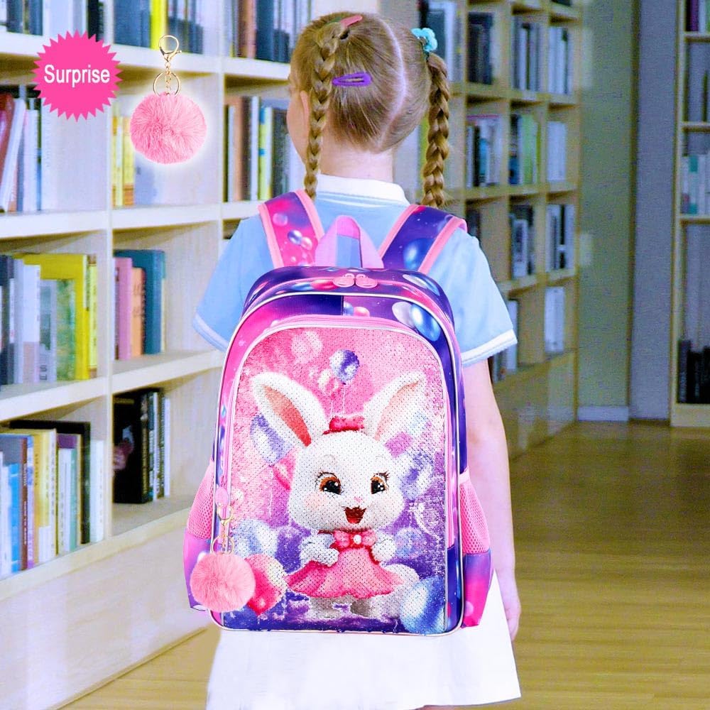 16" Bunny Backpack, 3Pcs Girls Sequin Bookbag for Elementary Preschool Kindergarten, Kids School