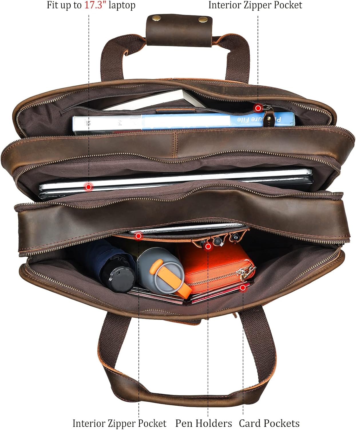 Polare 18.5” Full Grain Leather Laptop Briefcase Messenger Bag Tote For Men Large Fits 17.3” Laptop