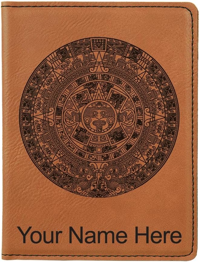 LaserGram Faux Leather Passport Holder, Aztec Calendar, Personalized Engraving Included ((Dark Brown)