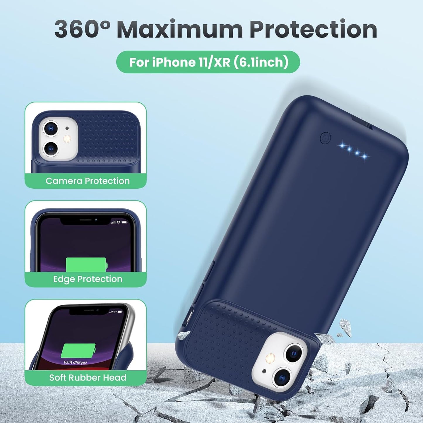 Battery Case for iPhone 11/XR (6.1inch),Upgraded 7500mAh Slim Portable Charger Case Cover,External Battery Pack Charging Case with Tempered-Glass Screen Protector for iPhone 11/iPhone XR (Blue)