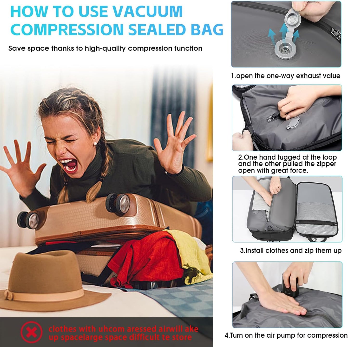 Vacuum Backpack for Men, 50L Expandable Travel Backpack With Vacuum Seal System, Water Resistant 17.3 Inches Laptop Backpack with USB Charging Port- Vaccum Pump Included