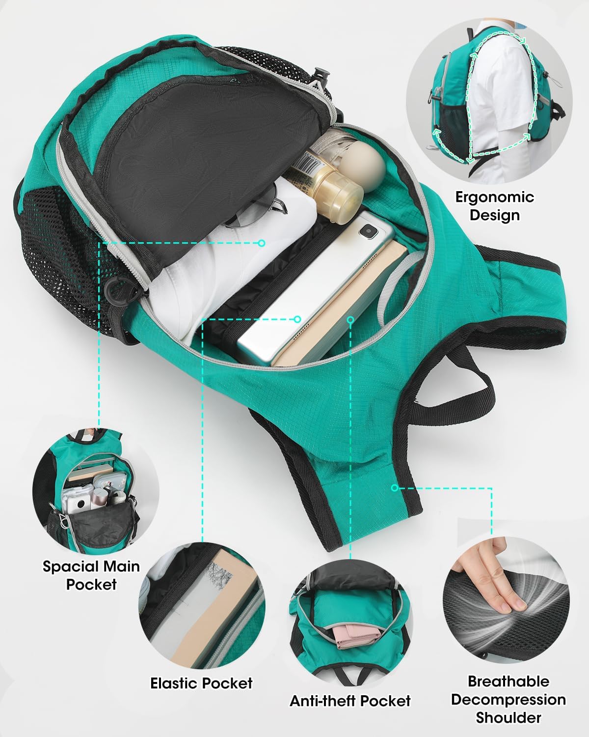 Small Hiking Backpack with Front Phone Holder, Packable Back pack with Chest and Waist Strap, Lightweight Daypack for Women Men