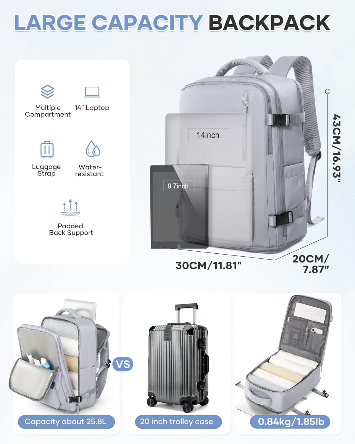 WONHOX Large Travel Backpack Carry on Flight Approved Laptop Work Business Backpack for Women Men Mochila de Viaje