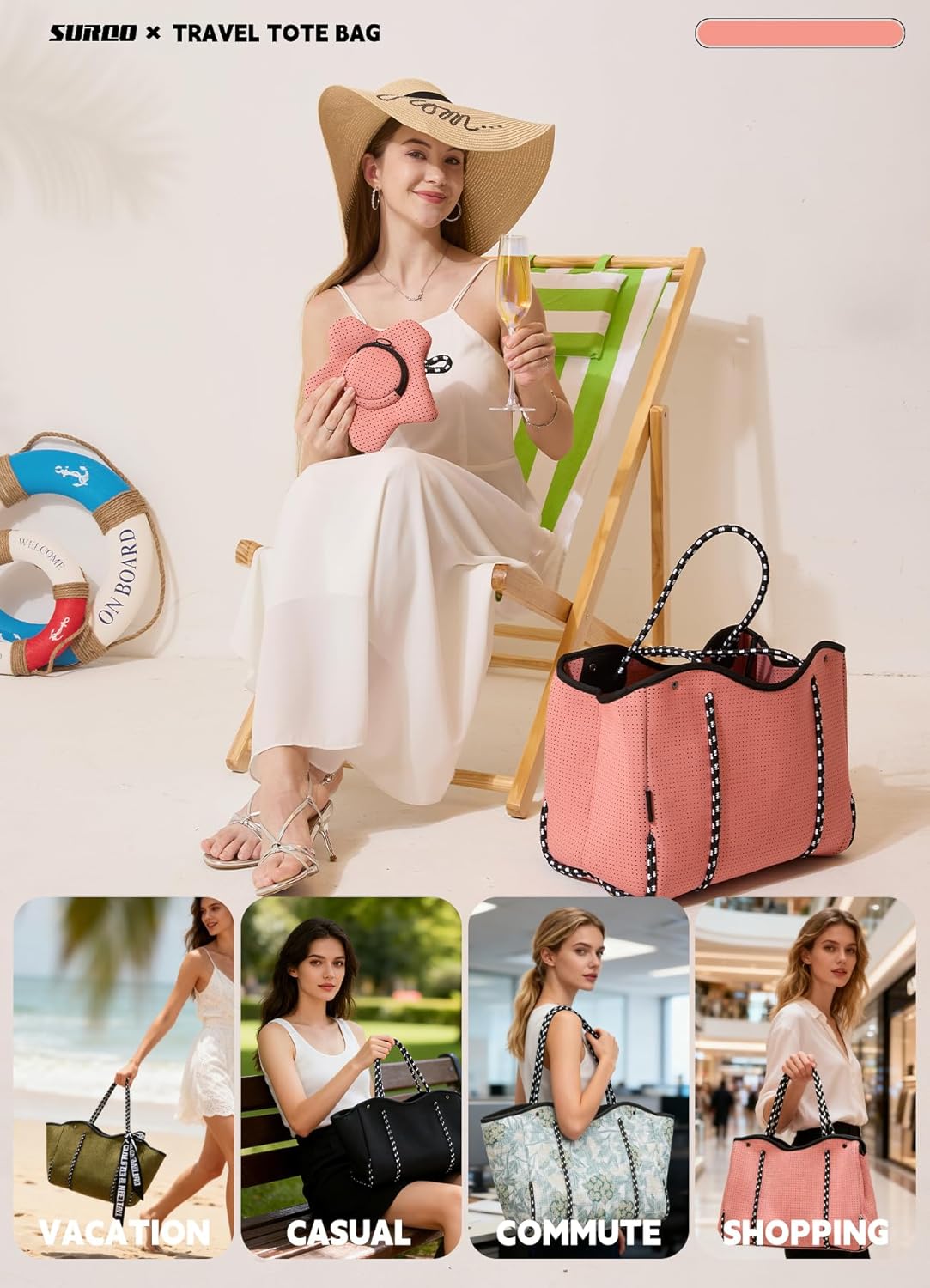 Neoprene Beach Bag for Women, Large Travel Tote Gym & Pool Bag, Detachable Pouch