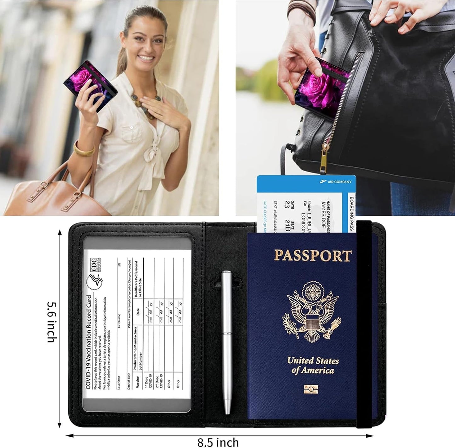 Passport and Vaccine Card Holder Cover Combo,Travel Passport Holder Wallet with RFID Blocking, Leather Vaccine Card Slot Passport Cover Case for Women & Men,Pink Rose with Smoke Swirling