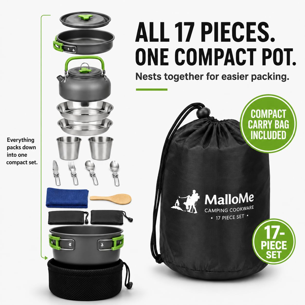 MalloMe Camping Cookware 17 pcs Mess Kit with 1.1L Kettle for Backpacking Gear – Camping Cooking