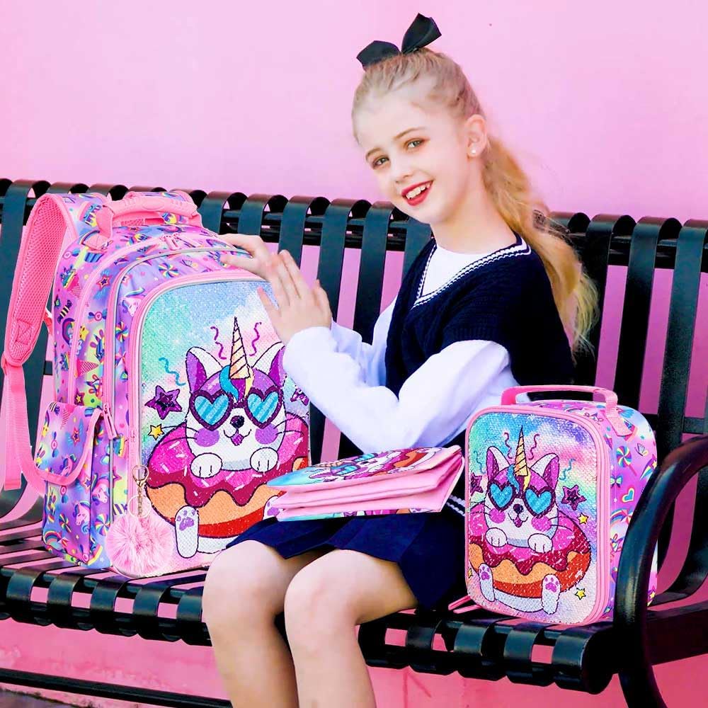 3PCS Girls Backpack, 16" Sequin Prechool Elementary Bookbag and Lunch Box