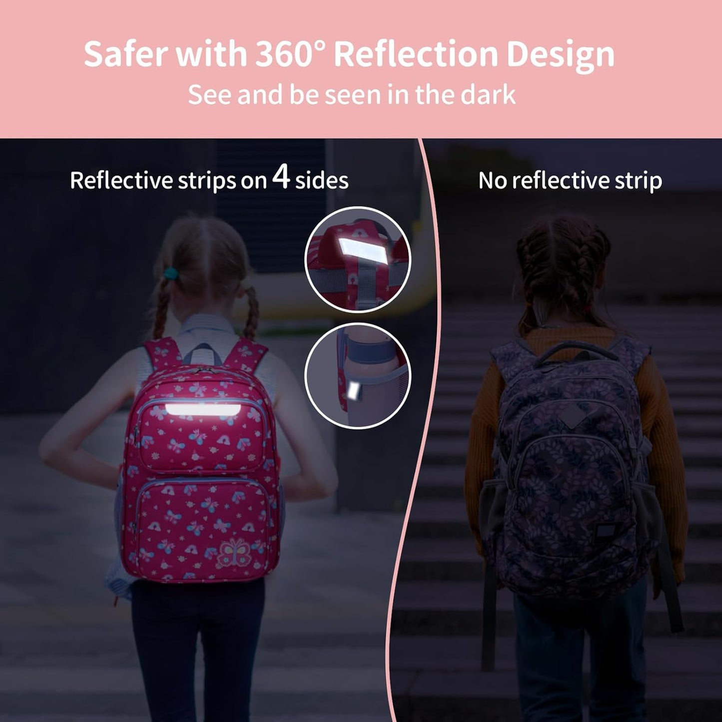 Kids Backpack for Girls - 15 Inch Backpack for Kids 3 to 8, Lightweight Bookbag for Preschool Kindergarten Elementary School, Insulated Pocket, Safe Reflective Stripe, Rose Pink Butterfly