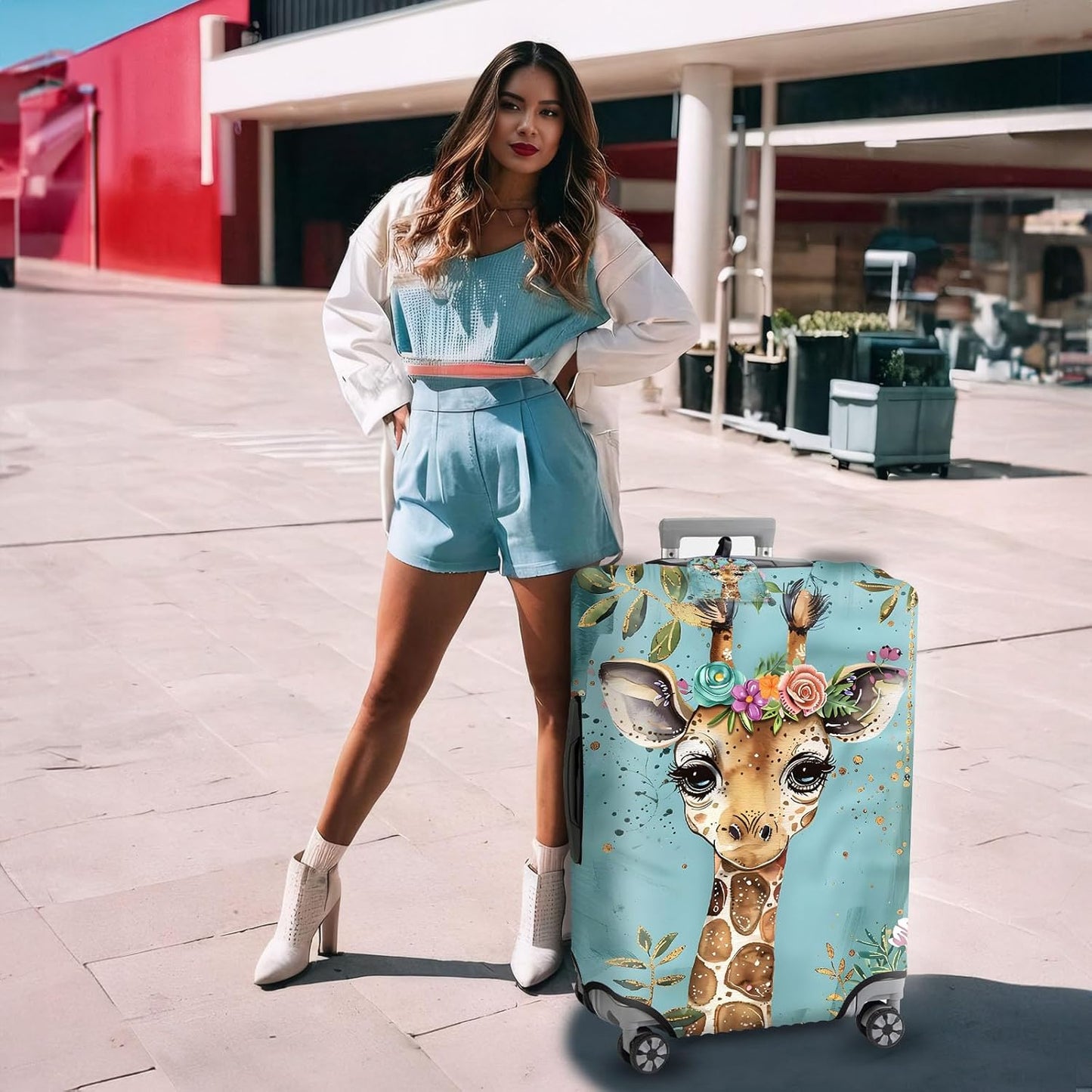 Travel Luggage Cover,Baby Girafee FlowersTheme Suitcase Cover Accessory Kit, Luggage Tag, and Comfortable Luggage Handle Wrap, Washable Luggage Suitcase Protector (22-24 inch,M)