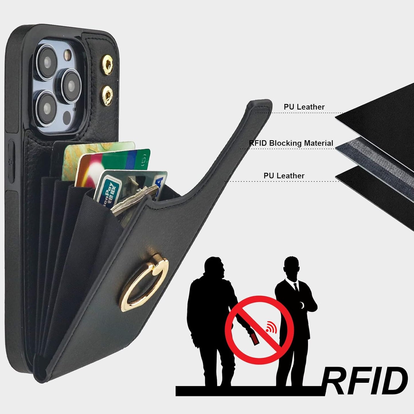Folosu Compatible with iPhone 14 Pro Case Wallet with Card Holder, 360°Rotation Finger Ring Holder Kickstand, RFID Blocking Leather Protective Double Buttons Shockproof Cover 6.1 Inch Black