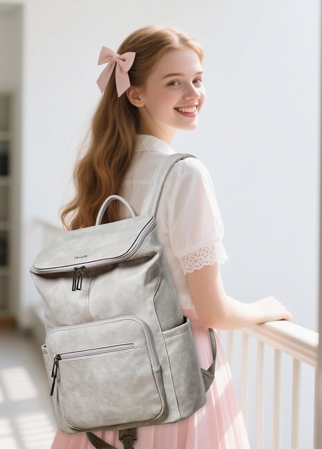 Leather Laptop Backpack for Women, 15.6 Inch Travel Backpack with Laptop Compartment, Casual