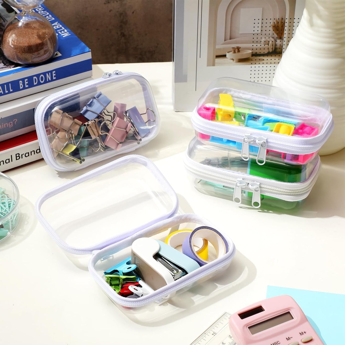 Hoolerry 4 Pcs Hard Clear Zipper Case Makeup Bags Plastic Pencil Pouch Transparent Storage Box