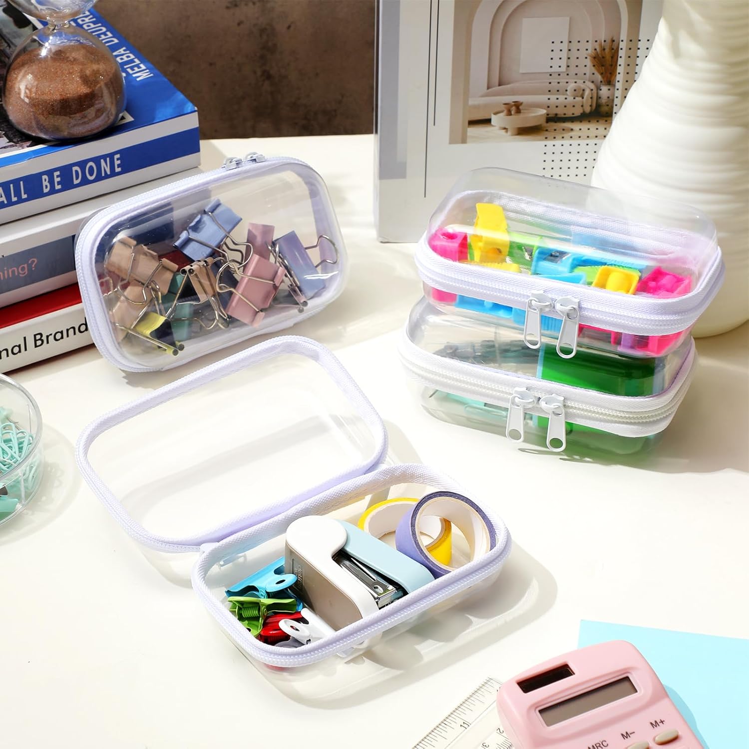 Hoolerry 4 Pcs Hard Clear Zipper Case Makeup Bags Plastic Pencil Pouch Transparent Storage Box