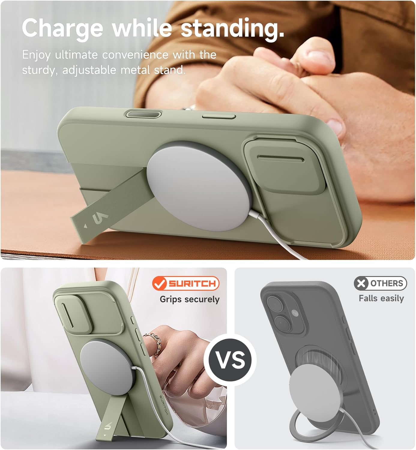 SURITCH for iPhone 17 Case with Camera Control Cover, Camera Slide Cover and Adjustable Kickstand, Compatible with MagSafe, Shockproof Bumper Protective Cases 6.3 Inch, Green