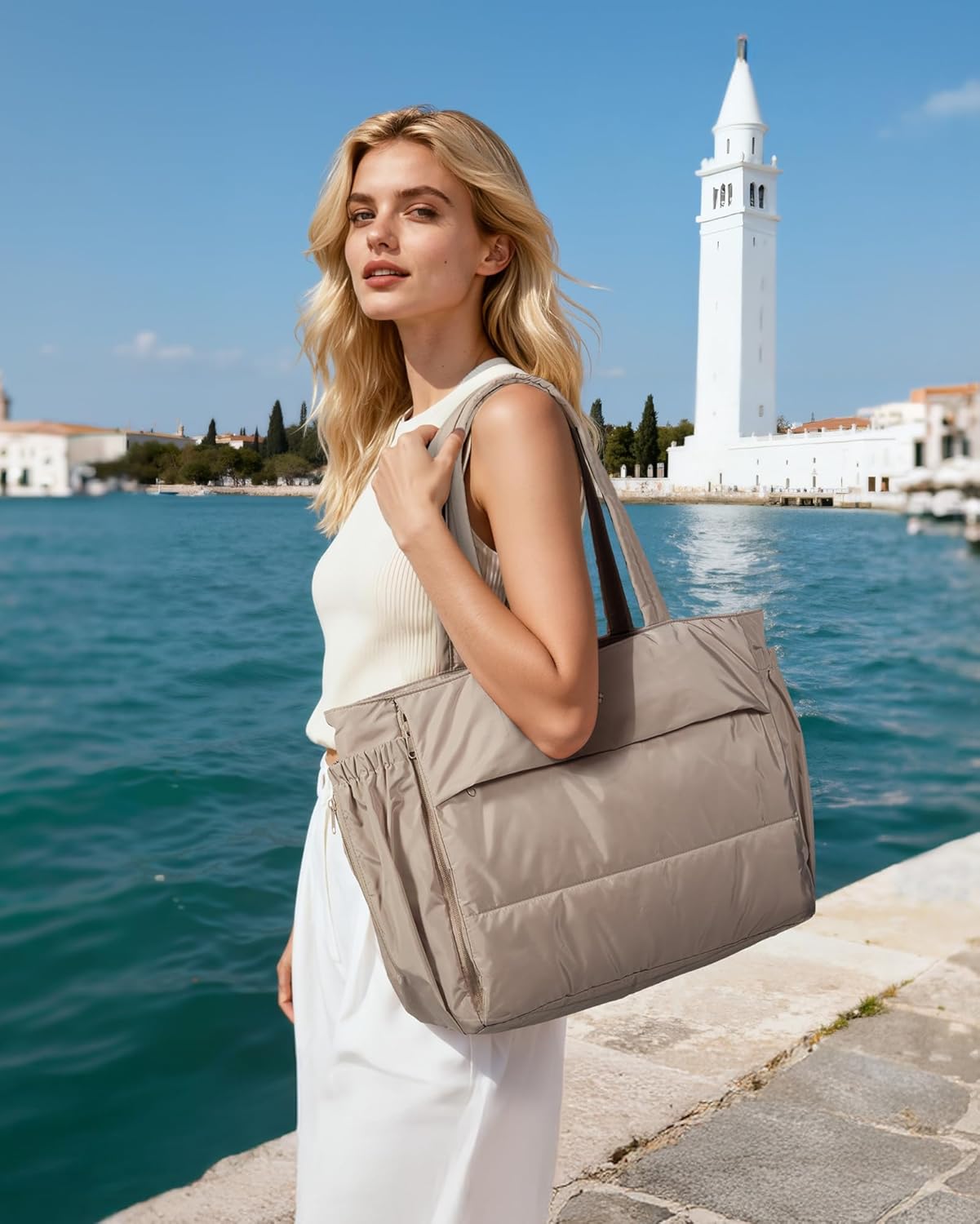 BAGSMART Puffy Bubble Tote Bag for Women, 22L Gym Bag for 40oz Tumbler, Work Handbag for Travel Yoga College