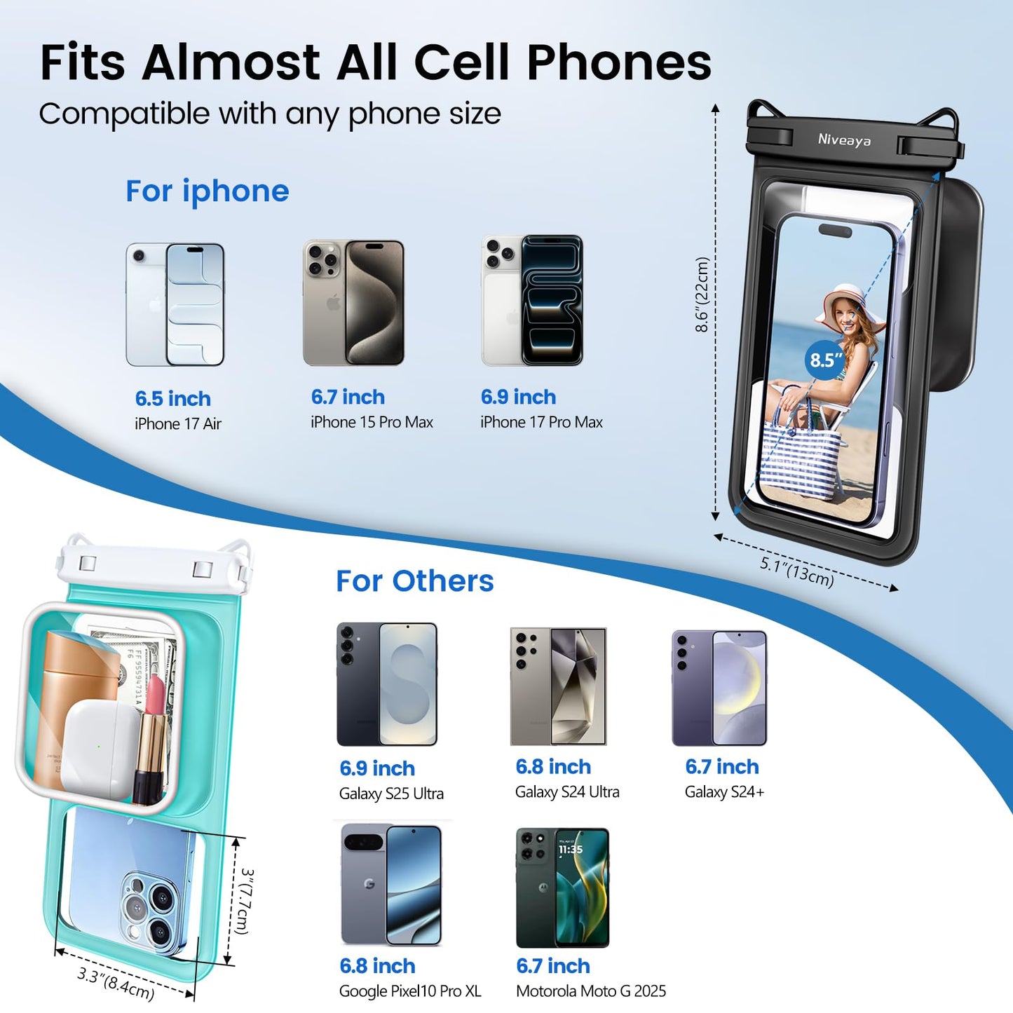 Niveaya 2 Pack IPX8 Waterproof Phone Pouch, Large Space Cell Phone Pouch Floating, Water Proof