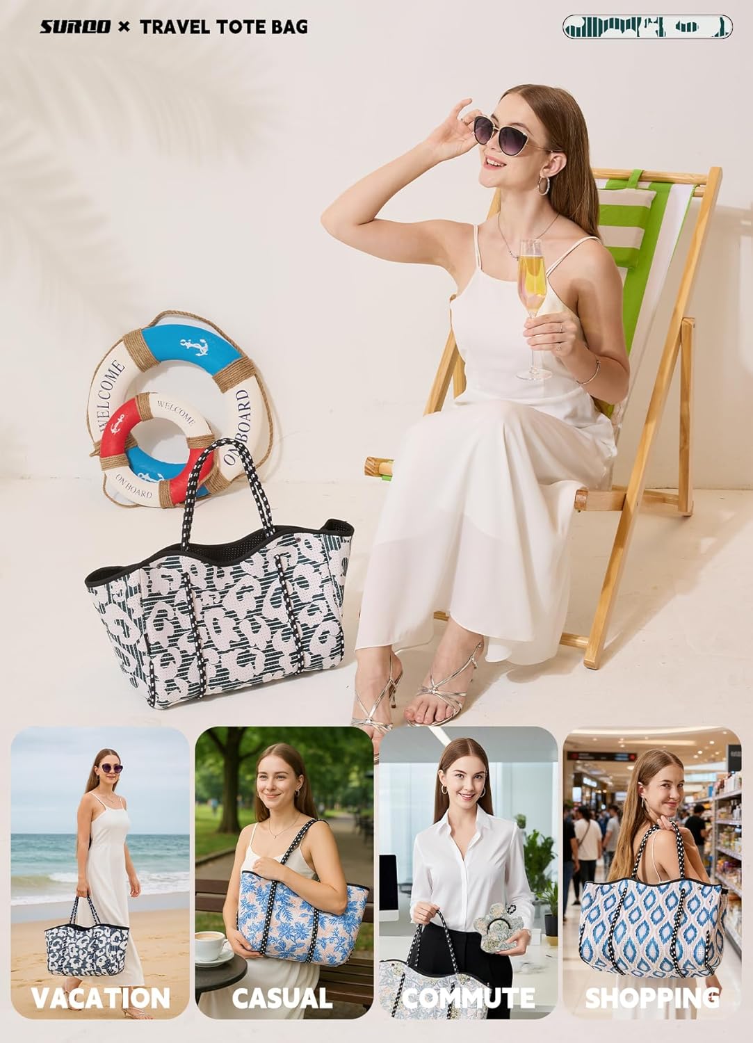 Neoprene Beach Bag for Women, Large Travel Tote Gym & Pool Bag, Detachable Pouch