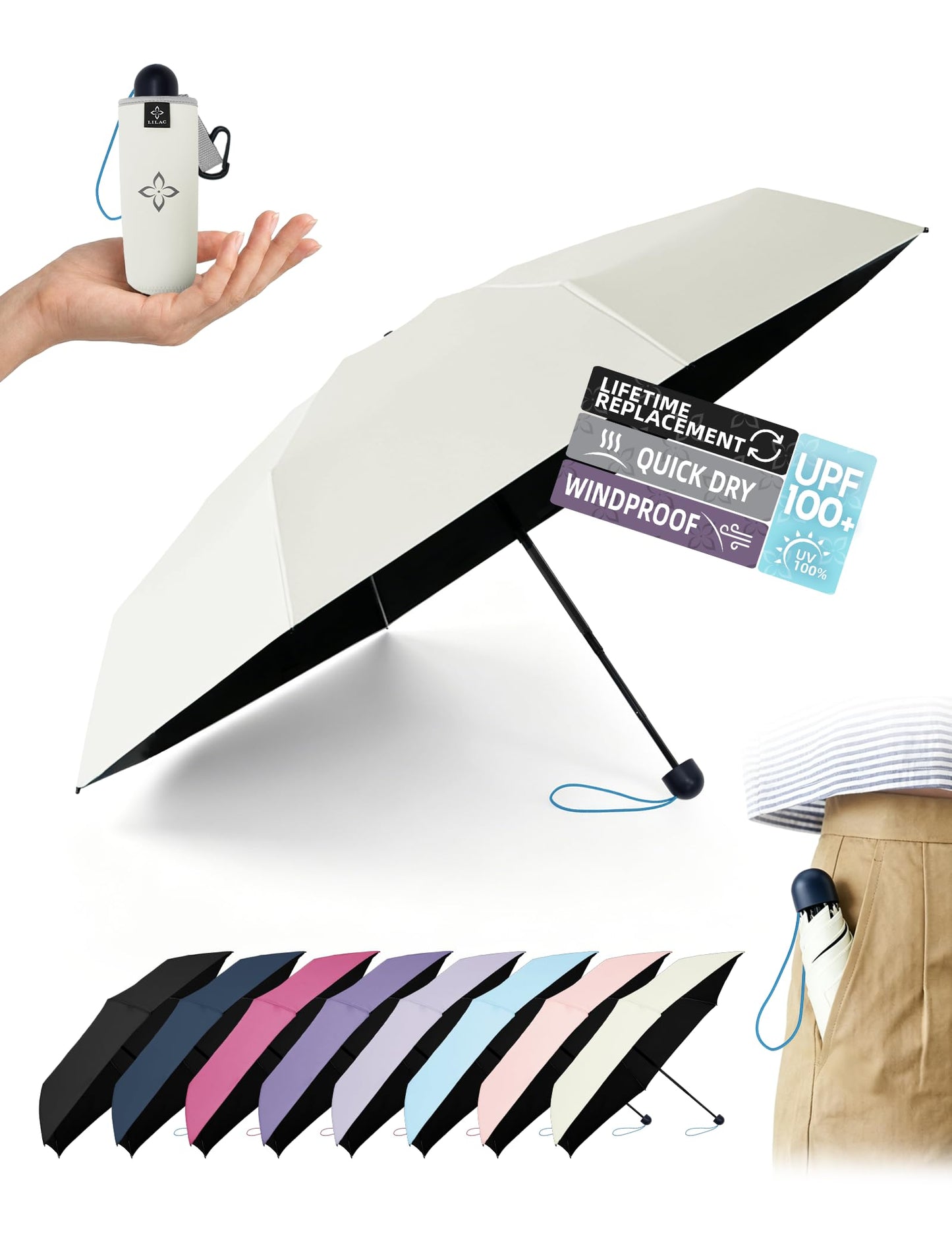 LILAC Mini Umbrella for Travel Compact - UPF 100+ UV Sun Umbrella for Purse Backpack,Super mini