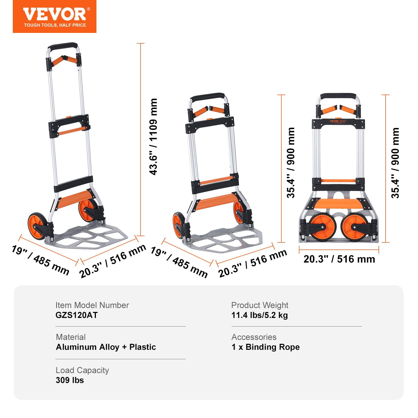 VEVOR Folding Hand Truck and Dolly, 309 Lbs Capacity, Aluminum Foldable Cart, Heavy-Duty Luggage