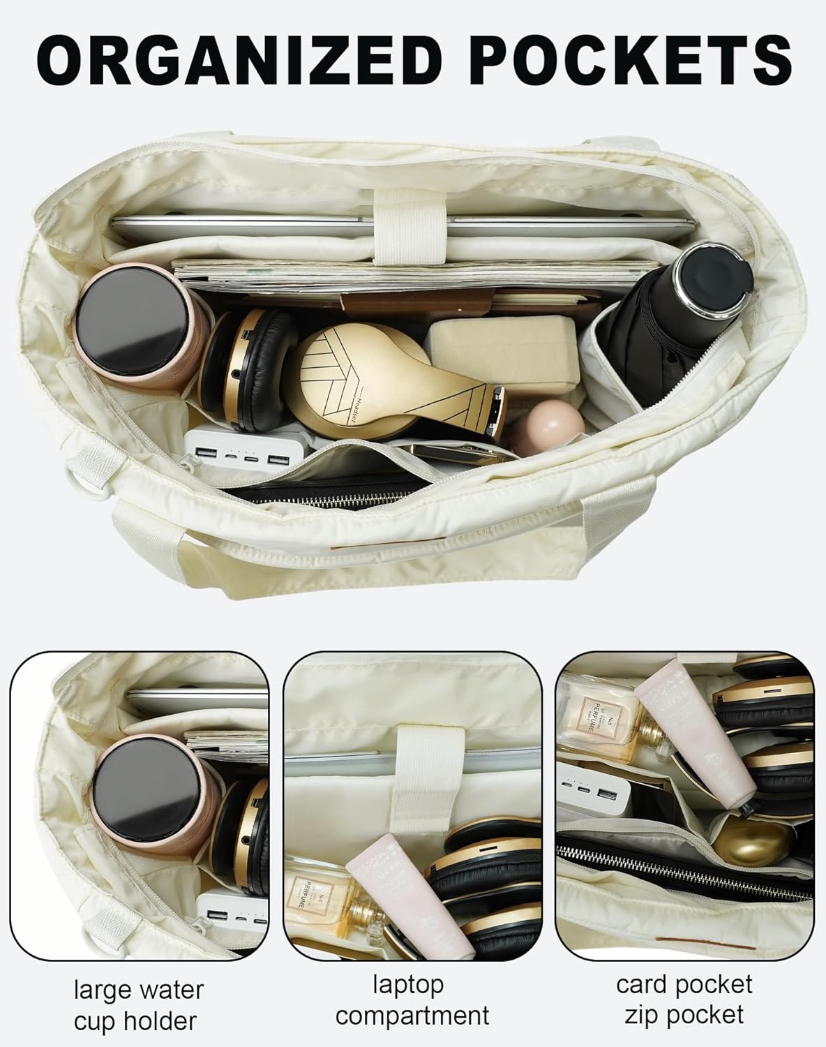 Tote Bag for Women, Quilted Puffer Work Bag for Nurse with 16" Laptop Pocket, Puffy Travel Shoulder Bag for School Gym