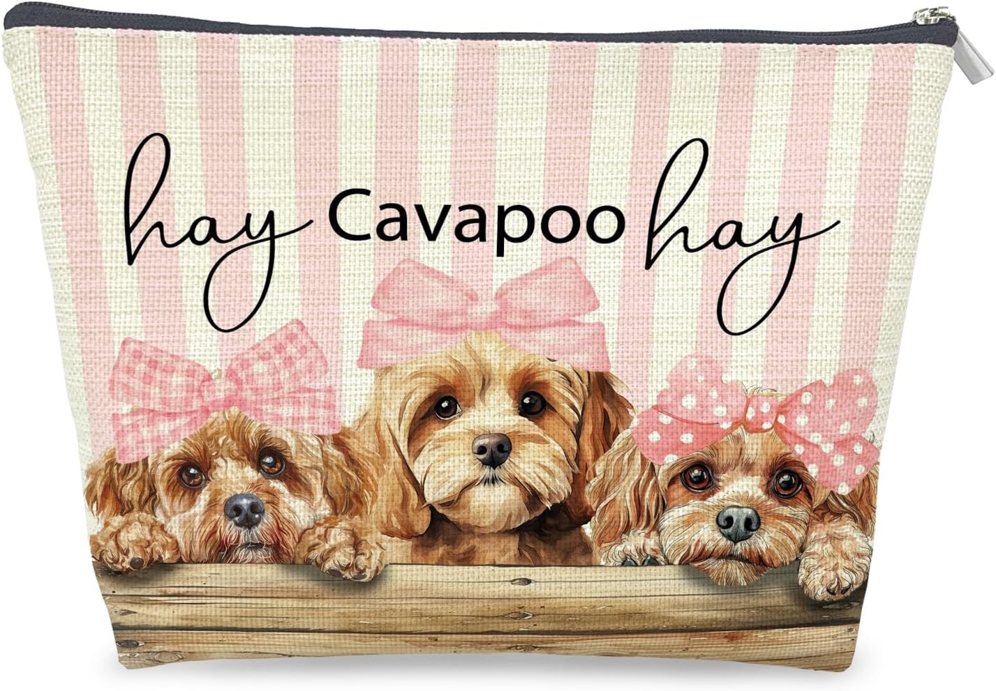 Coquette Pink Bow Cavapoo Makeup Bag Gifts for Women, Preppy Cavapoo Cosmetic Bag, Girly Cute Dog
