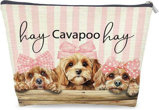 Coquette Pink Bow Cavapoo Makeup Bag Gifts for Women, Preppy Cavapoo Cosmetic Bag, Girly Cute Dog Pink Striped Zipper Makeup Pouch Travel Toiletry Bag