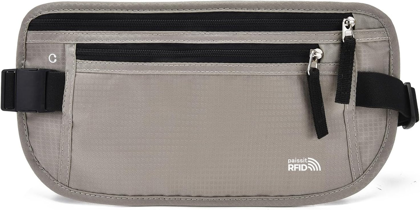 Unisex Money Belt For Men and Women, Slim Passport Holder RFID Blocking Travel Essentials Pouch with Adjustable Strap Small Waist Pouch for Workout Running Travelling Hiking, Light Grey