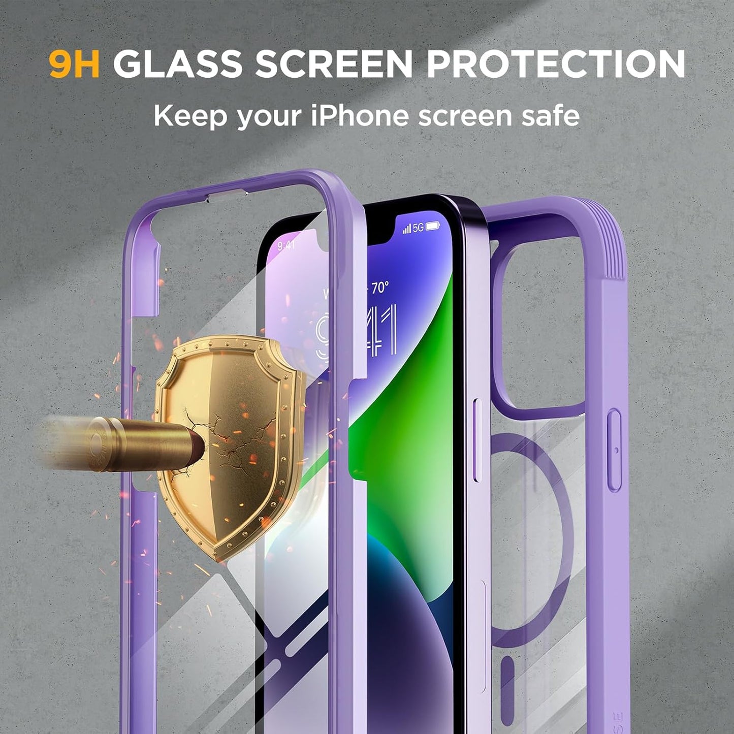 Miracase Glass Series Designed for iPhone 14 Plus Case 6.7 inch, 2023 Upgrade Full-Body Magnetic Clear Case with Built-in 9H Tempered Glass Screen Protector,Compatible with MagSafe,Purple
