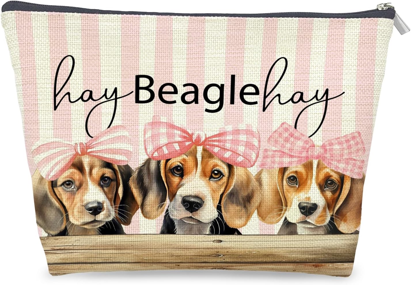 Coquette Pink Bow Beagle Makeup Bag Gifts for Women, Beagle Lovers Gifts Cosmetic Bag, Rustic Preppy Girly Dog Pink Striped Zipper Makeup Pouch Travel Toiletry Bag