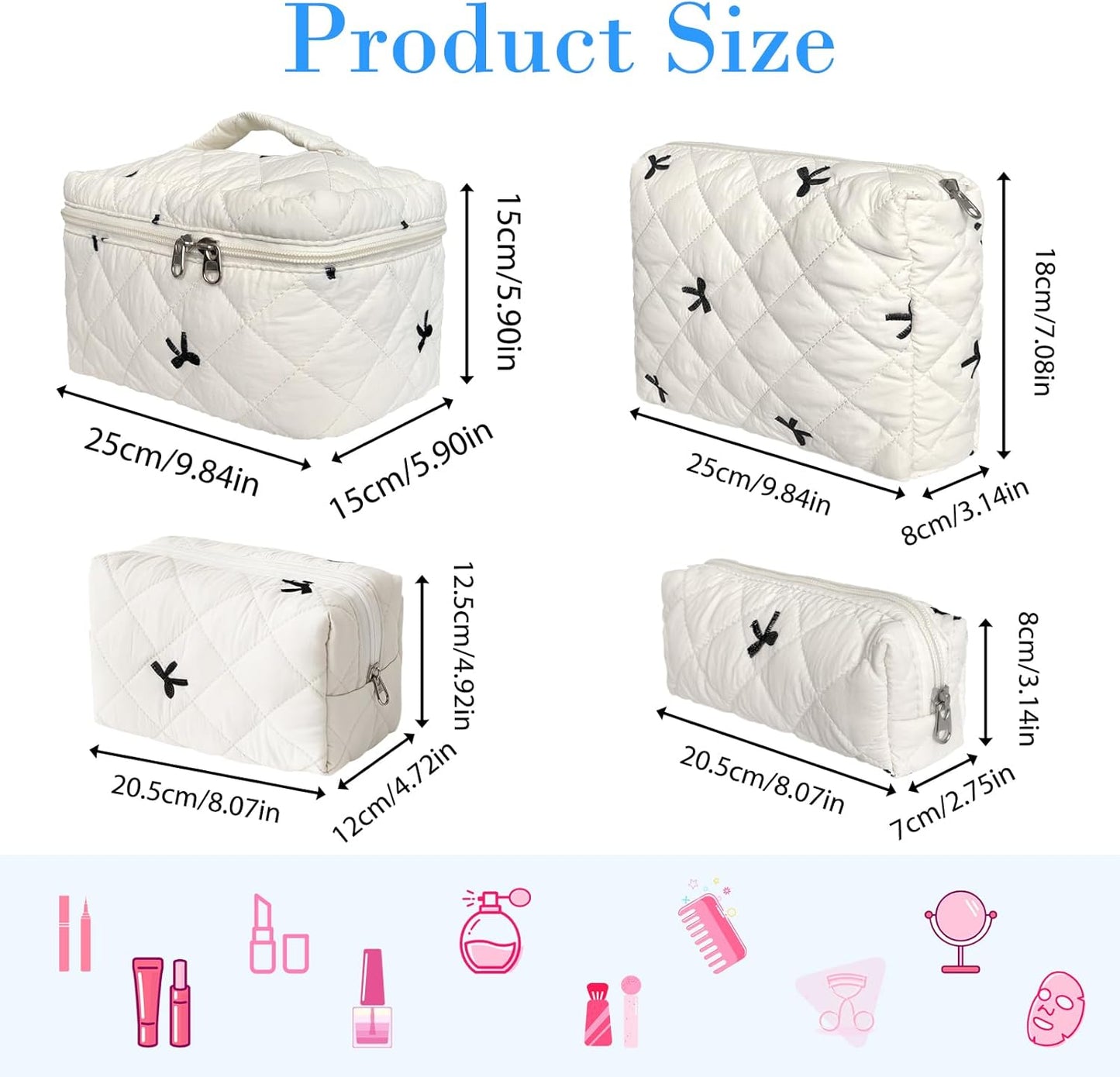 Quilted Makeup Bag, Large Capacity Travel Cosmetic Bag for Women and Girls, Aesthetic Storage for Daily and Travel Use (4pcs-embroidered Bow)