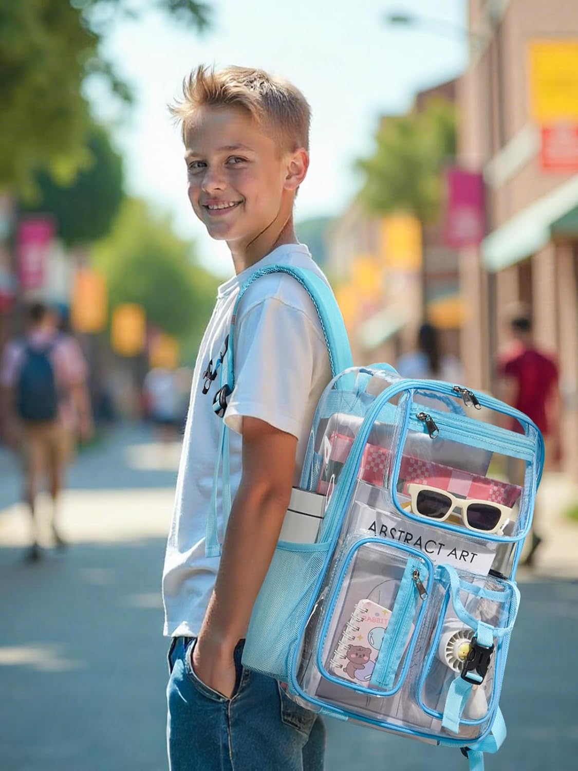 Heavy Duty Clear Backpack For School, 17 Inch Large Clear Bookbag For Kids Boys Girls Women Men, 360° 3M Reflective Strips See Through Backpack, Multi-Pockets Tranparent Bag, Light Blue