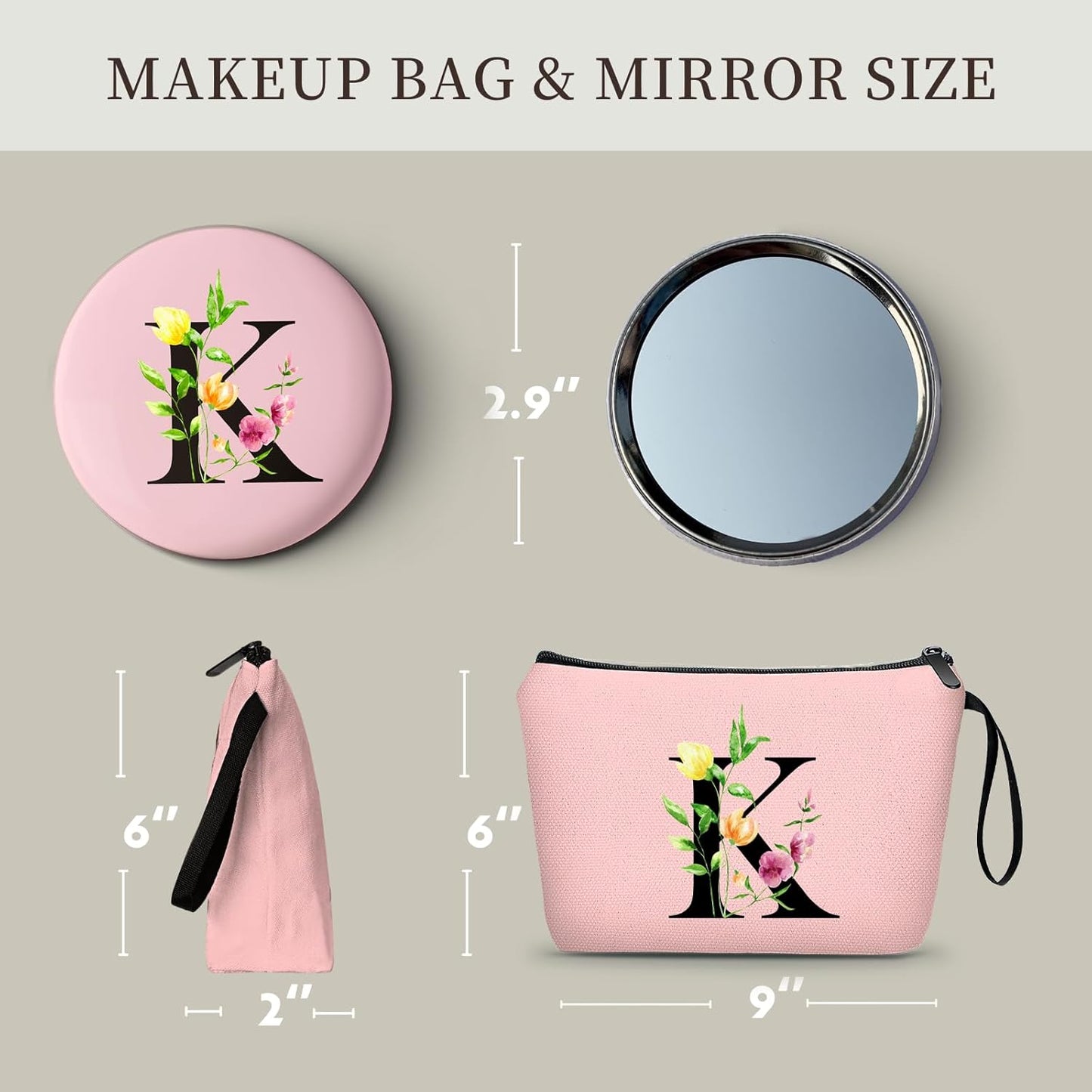Birthday Thank You Appreciation Monogrammed Gifts for Mom Aunt Teacher Sister Friend Coworkers Bride Bridesmaid Makeup Cosmetic Bag with Mirror Mothers Day Christmas Graduation K